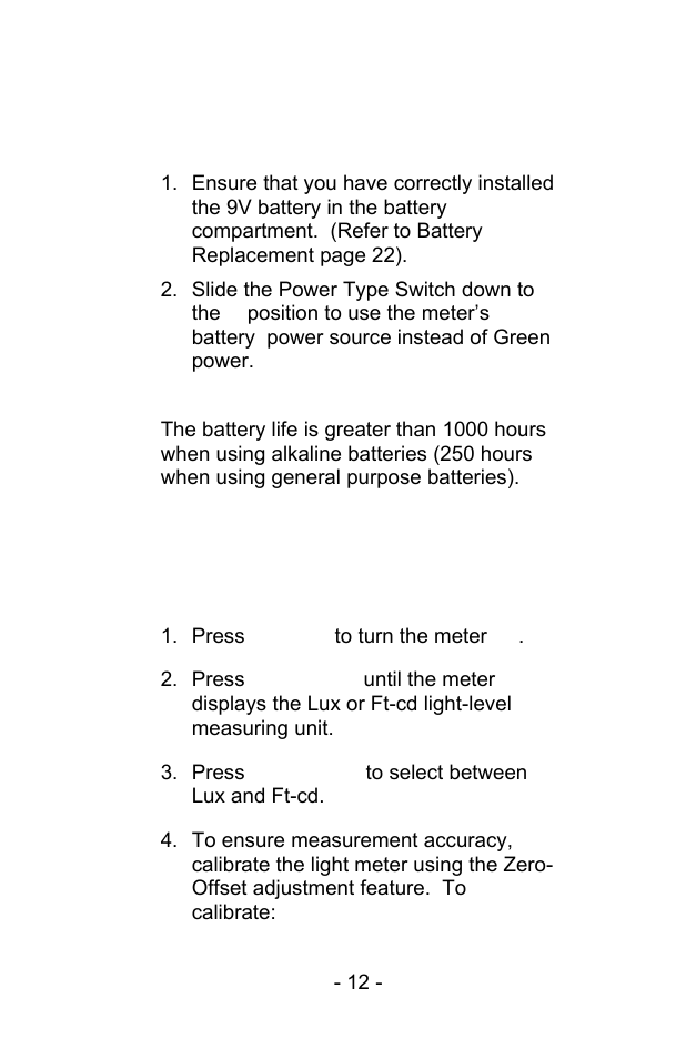 Power type selection, Measurement procedures | Sper Scientific 850068 Hybrid Powered Environmental Meter User Manual | Page 12 / 28