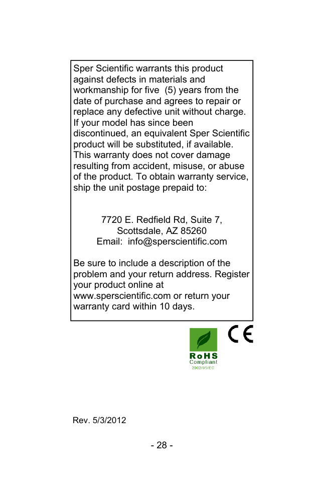 Warranty | Sper Scientific 850068 Hybrid Powered Environmental Meter User Manual | Page 28 / 28