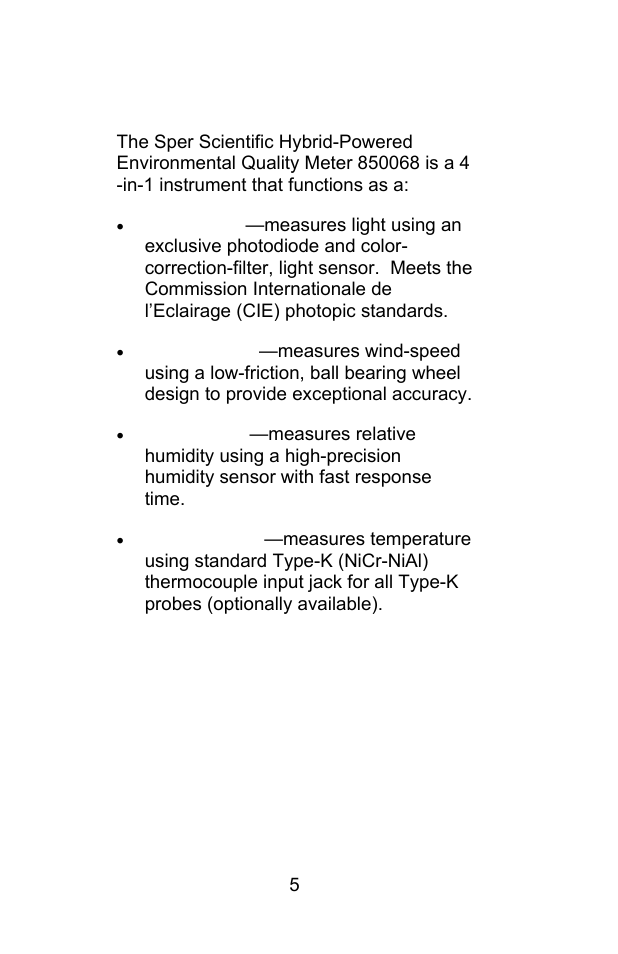 Introduction | Sper Scientific 850068 Hybrid Powered Environmental Meter User Manual | Page 5 / 28