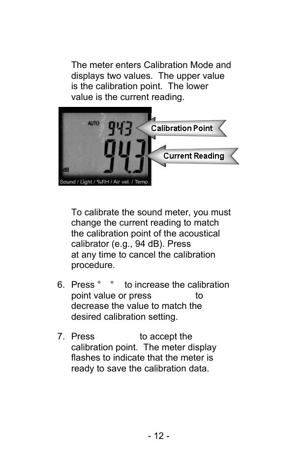 Sound calibration | Sper Scientific 850069 Environmental Quality Meter w/Sound User Manual | Page 12 / 32