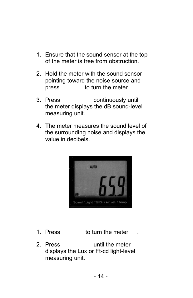 Measurement procedures | Sper Scientific 850069 Environmental Quality Meter w/Sound User Manual | Page 14 / 32