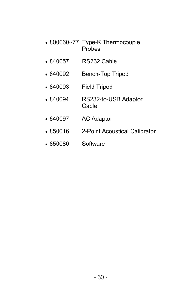Optional accessories | Sper Scientific 850069 Environmental Quality Meter w/Sound User Manual | Page 30 / 32