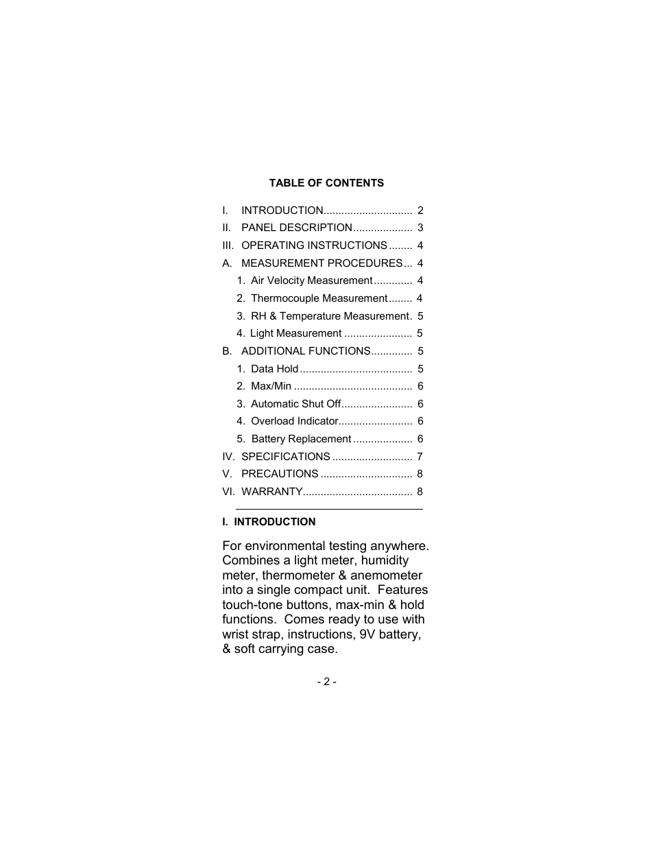 Sper Scientific 850070 Environmental Quality Meter - Mini User Manual | Page 2 / 8