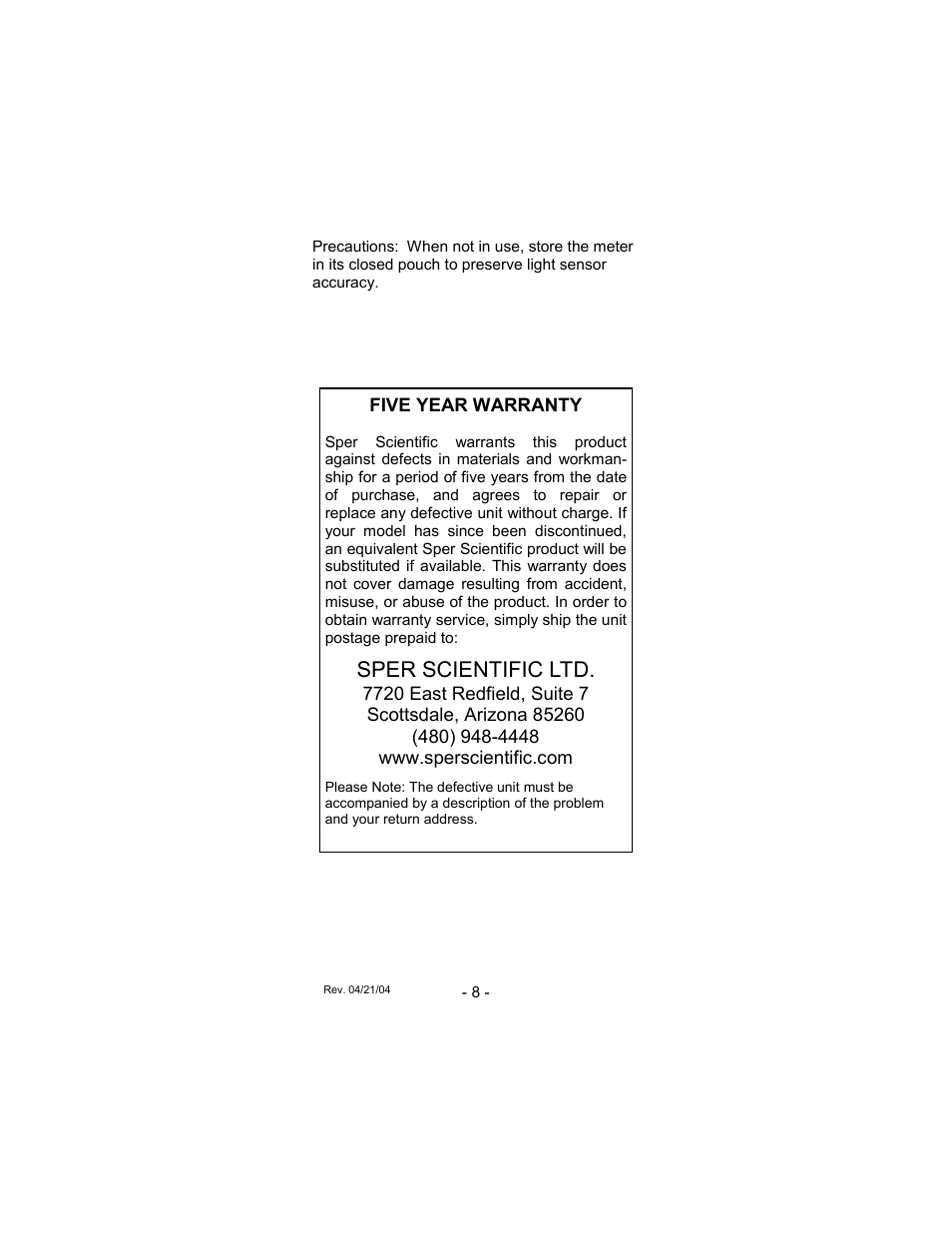 Sper scientific ltd | Sper Scientific 850070 Environmental Quality Meter - Mini User Manual | Page 8 / 8