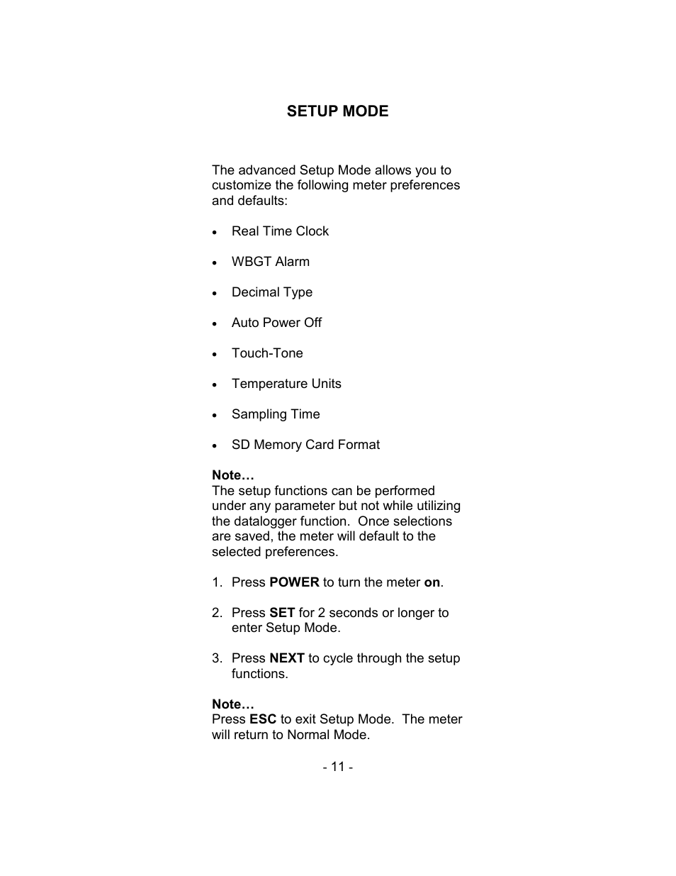 Setup mode | Sper Scientific 800037 WBGT Heat Stress SD Card Logger User Manual | Page 11 / 36