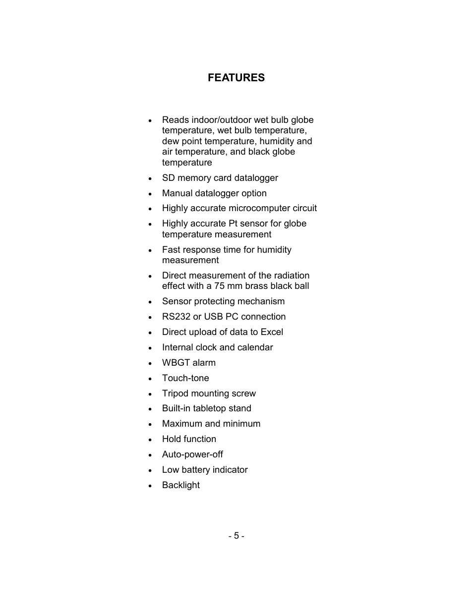 Features | Sper Scientific 800037 WBGT Heat Stress SD Card Logger User Manual | Page 5 / 36