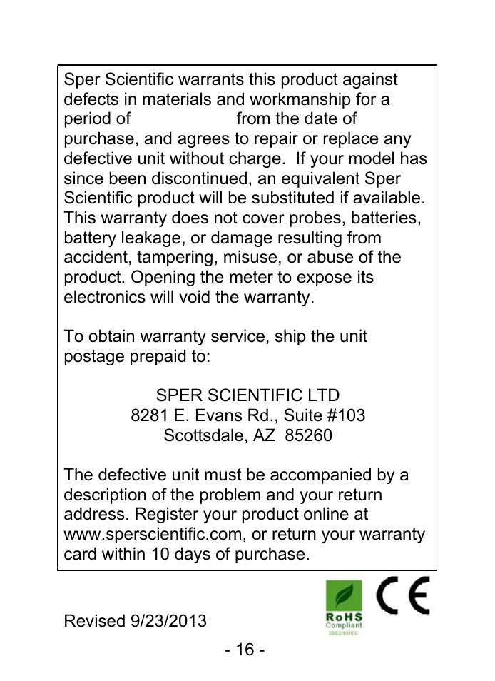 Warranty | Sper Scientific 800047 Oxygen Pen User Manual | Page 16 / 16