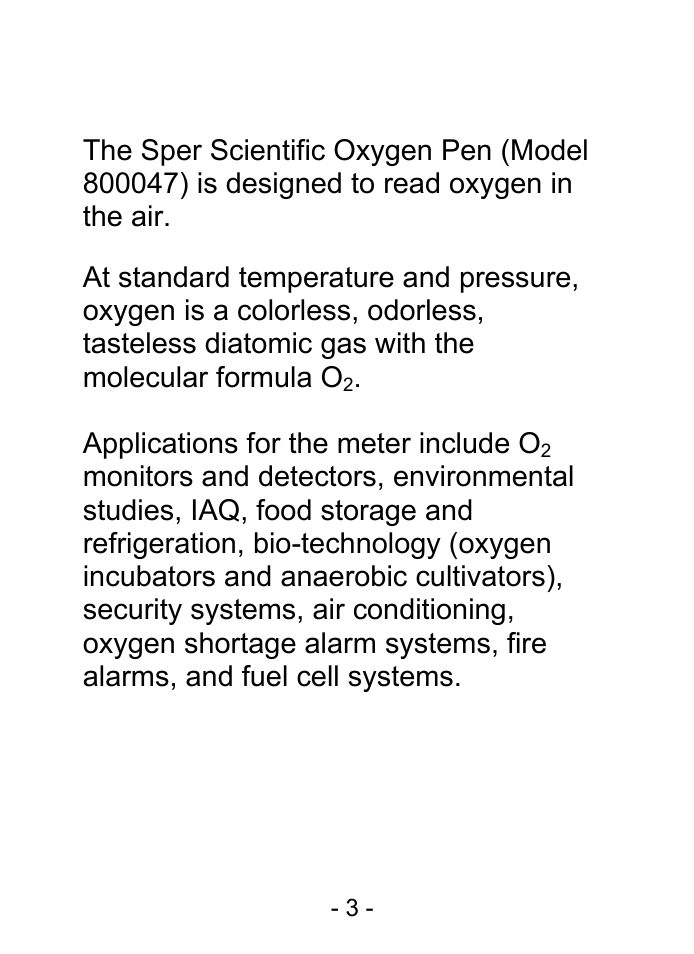 Introduction, Applications for the meter include o | Sper Scientific 800047 Oxygen Pen User Manual | Page 3 / 16