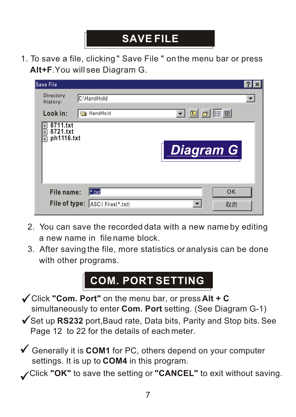 Diagram g, Save file, Com. port setting | Sper Scientific 840052 Data Acquisition Software User Manual | Page 9 / 26