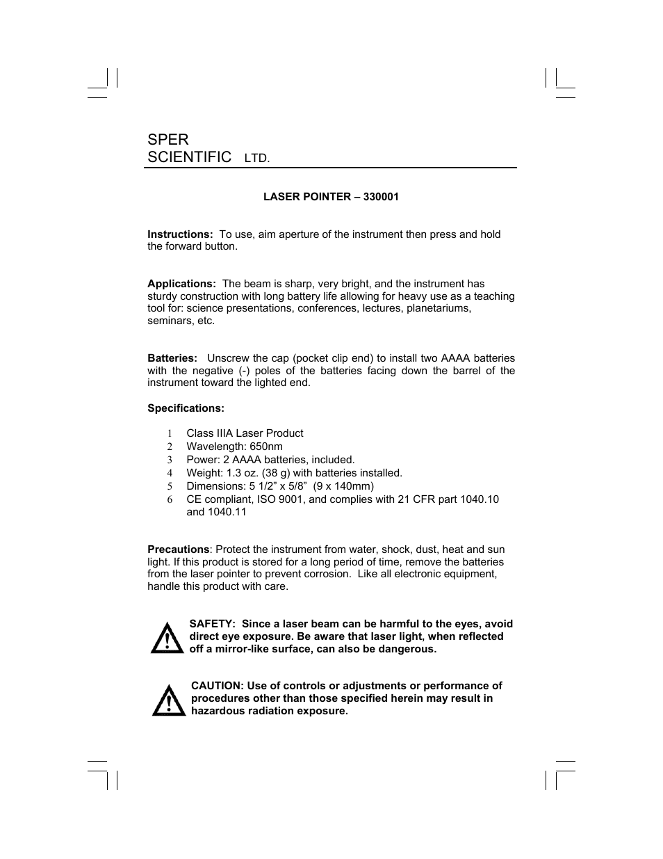 Sper Scientific 330001 Laser Pointer - Golden User Manual | 2 pages