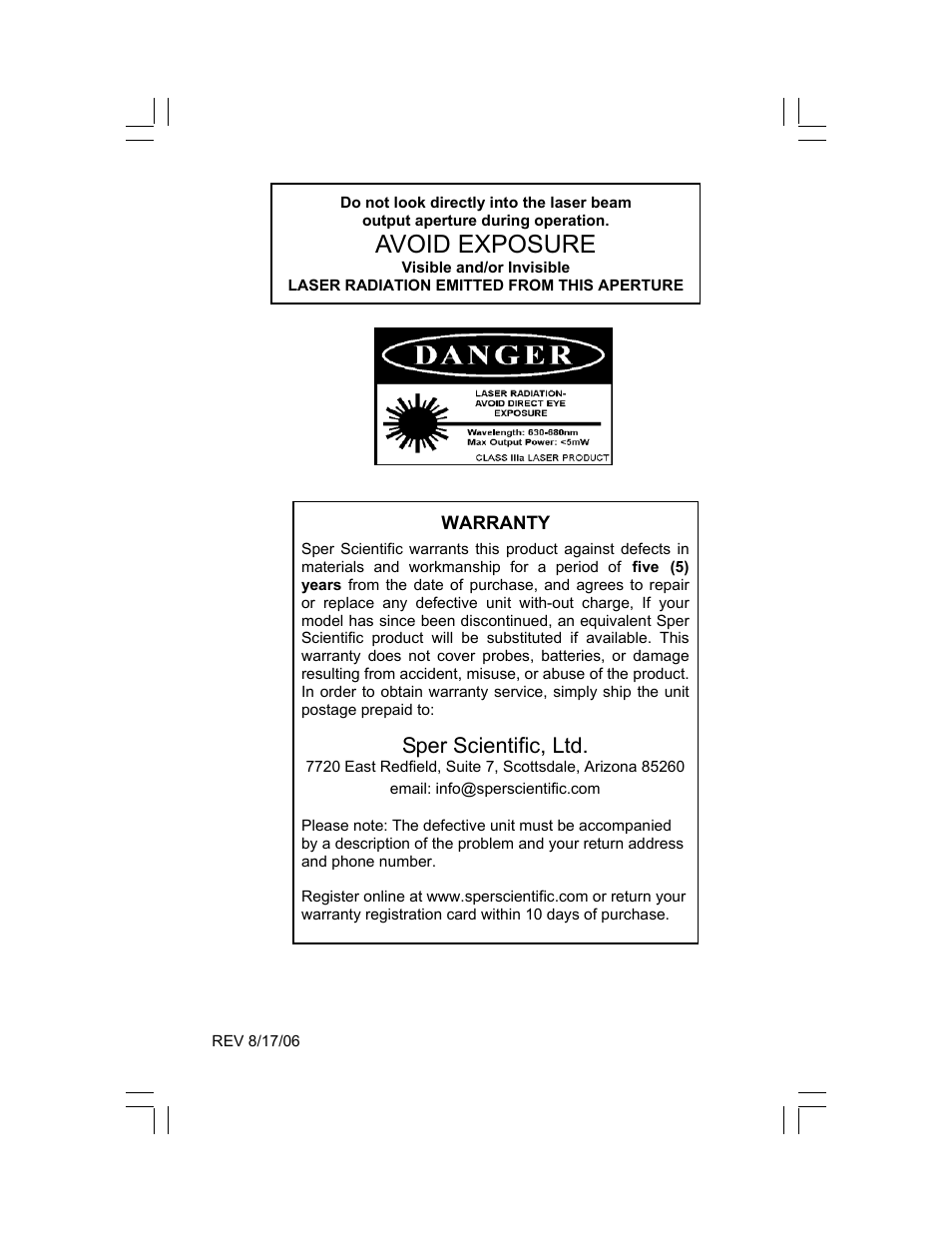 Avoid exposure, Sper scientific, ltd | Sper Scientific 330001 Laser Pointer - Golden User Manual | Page 2 / 2