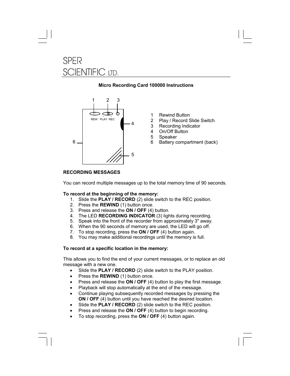 Sper Scientific 100000 Micro Recording Card User Manual | 2 pages