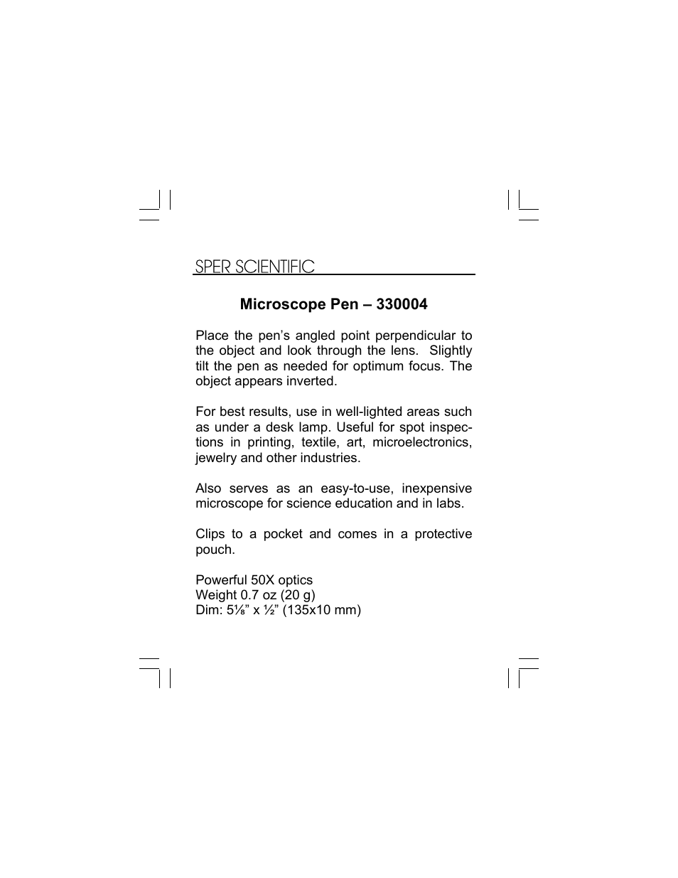 Sper Scientific 330004 Microscope Pen User Manual | 2 pages