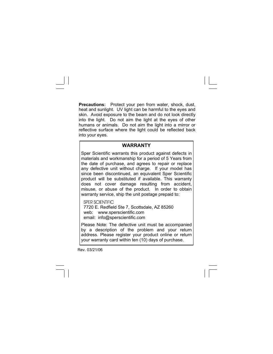 Warranty | Sper Scientific 330005 Ultra Violet UV Light Pen User Manual | Page 2 / 2