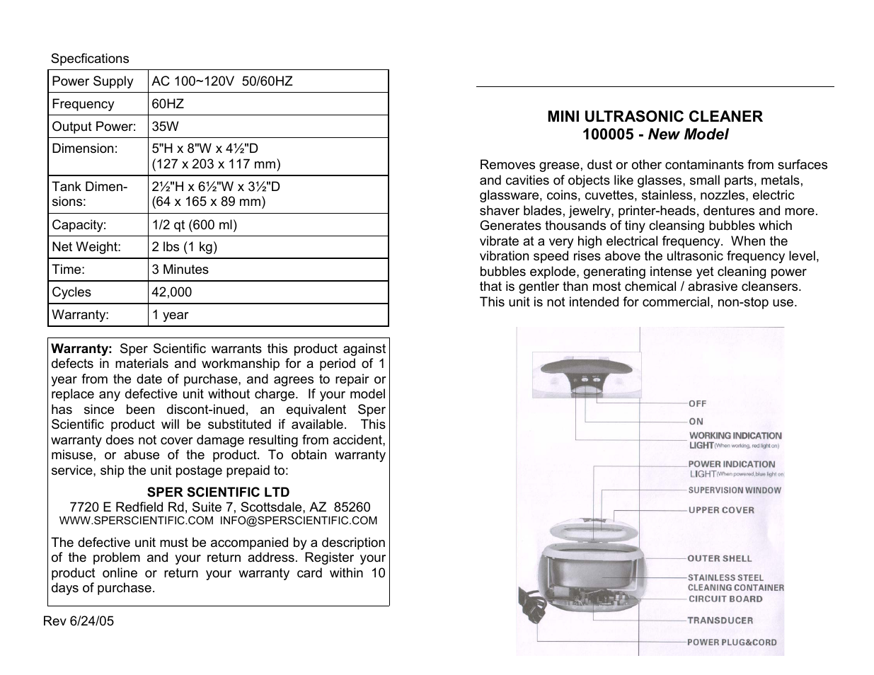 Sper Scientific 100005 Ultrasonic Cleaner - Mini User Manual | 2 pages