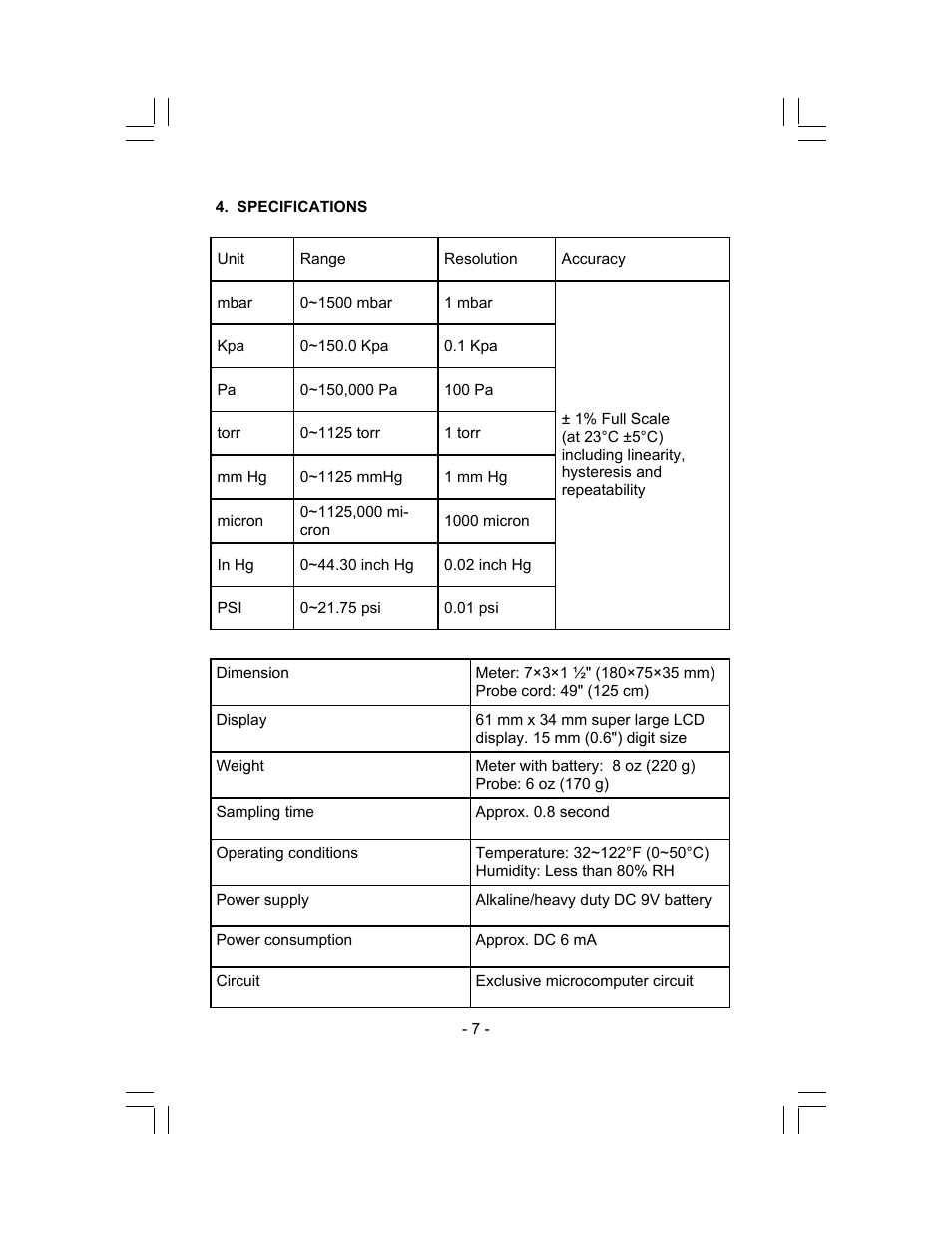 Sper Scientific 840064 Vacuum Meter User Manual | Page 7 / 8