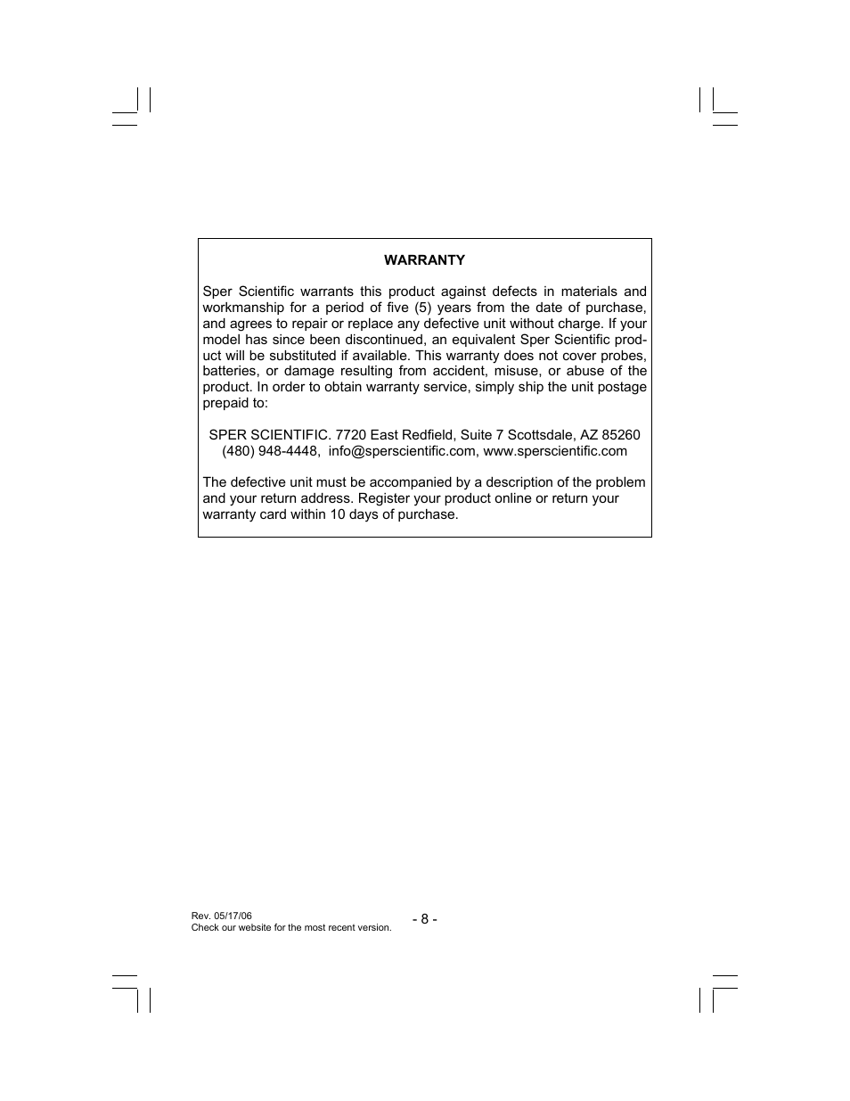 Sper Scientific 840064 Vacuum Meter User Manual | Page 8 / 8