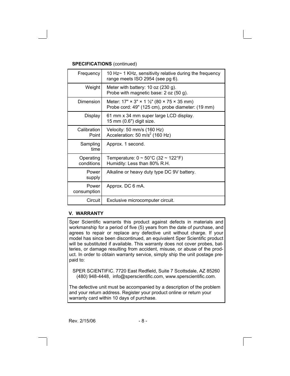 Sper Scientific 840063 Vibration Meter User Manual | Page 8 / 8