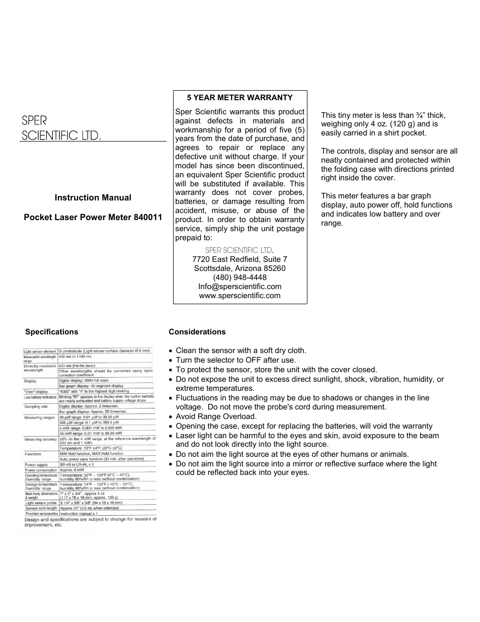 Sper Scientific 840011 Laser Power Meter - Pocket Size User Manual | 2 pages