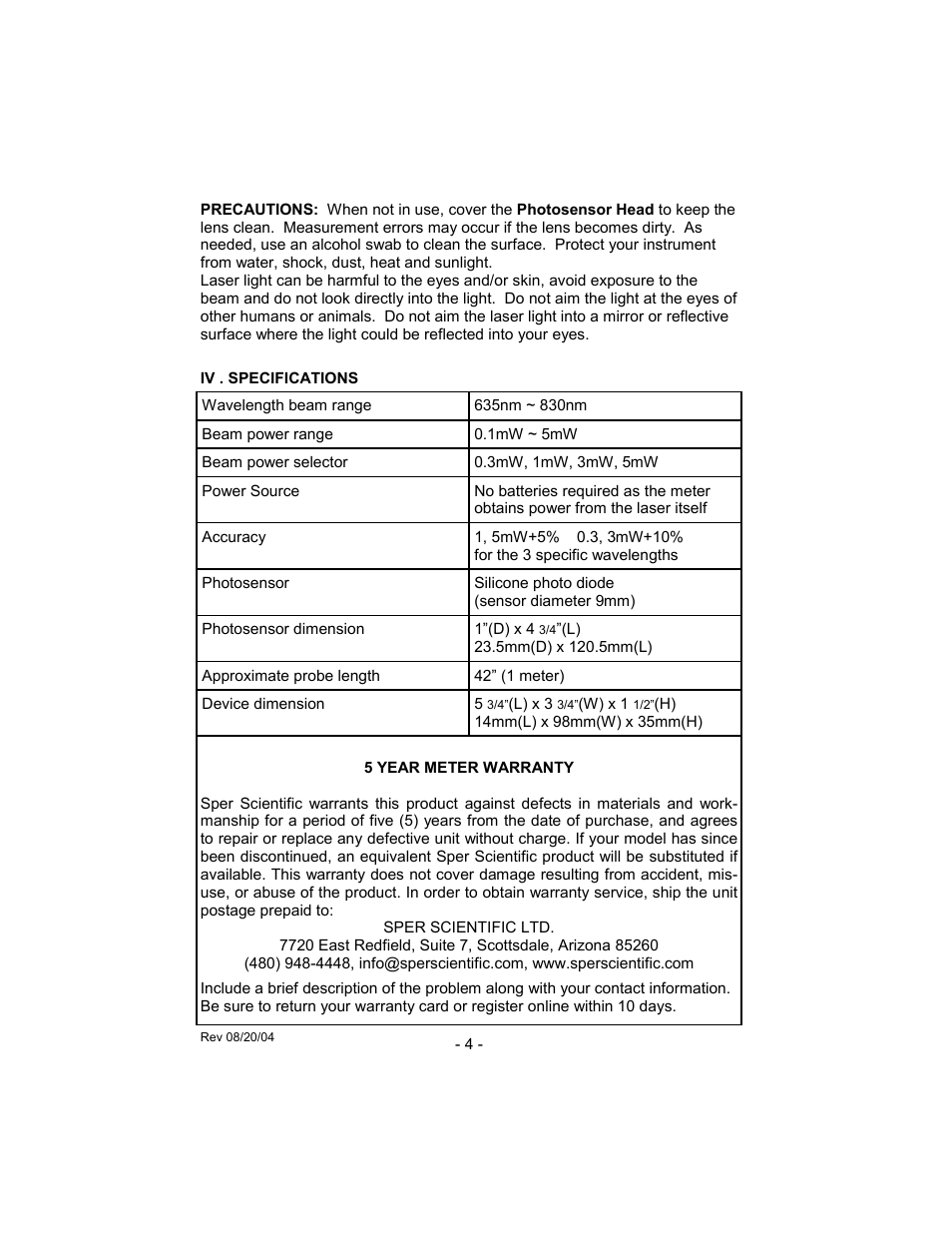 Sper Scientific 840017 Laser Power Meter User Manual | Page 4 / 4