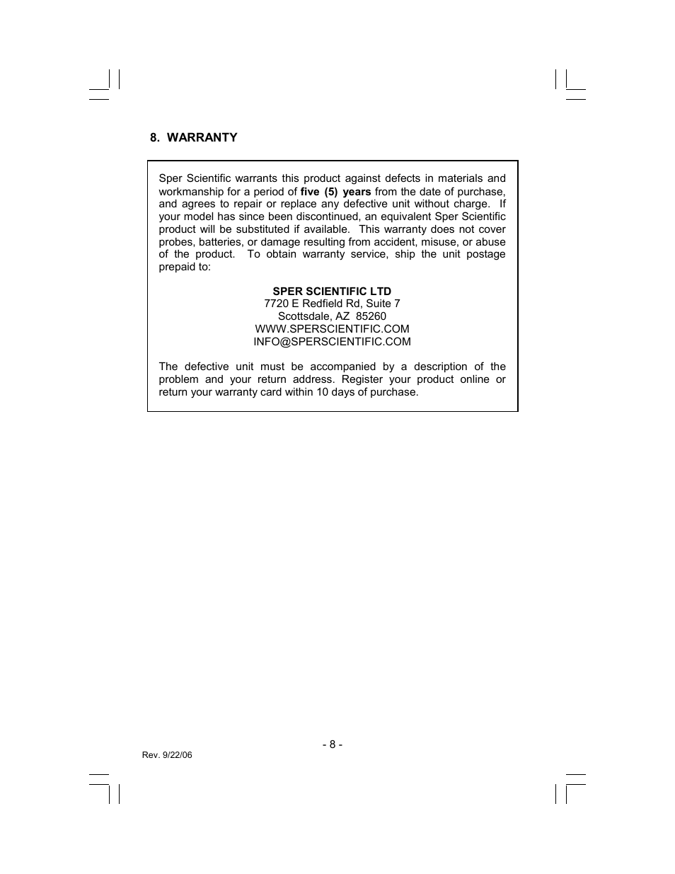Sper Scientific 840022 Light Meter Advanced User Manual | Page 8 / 8