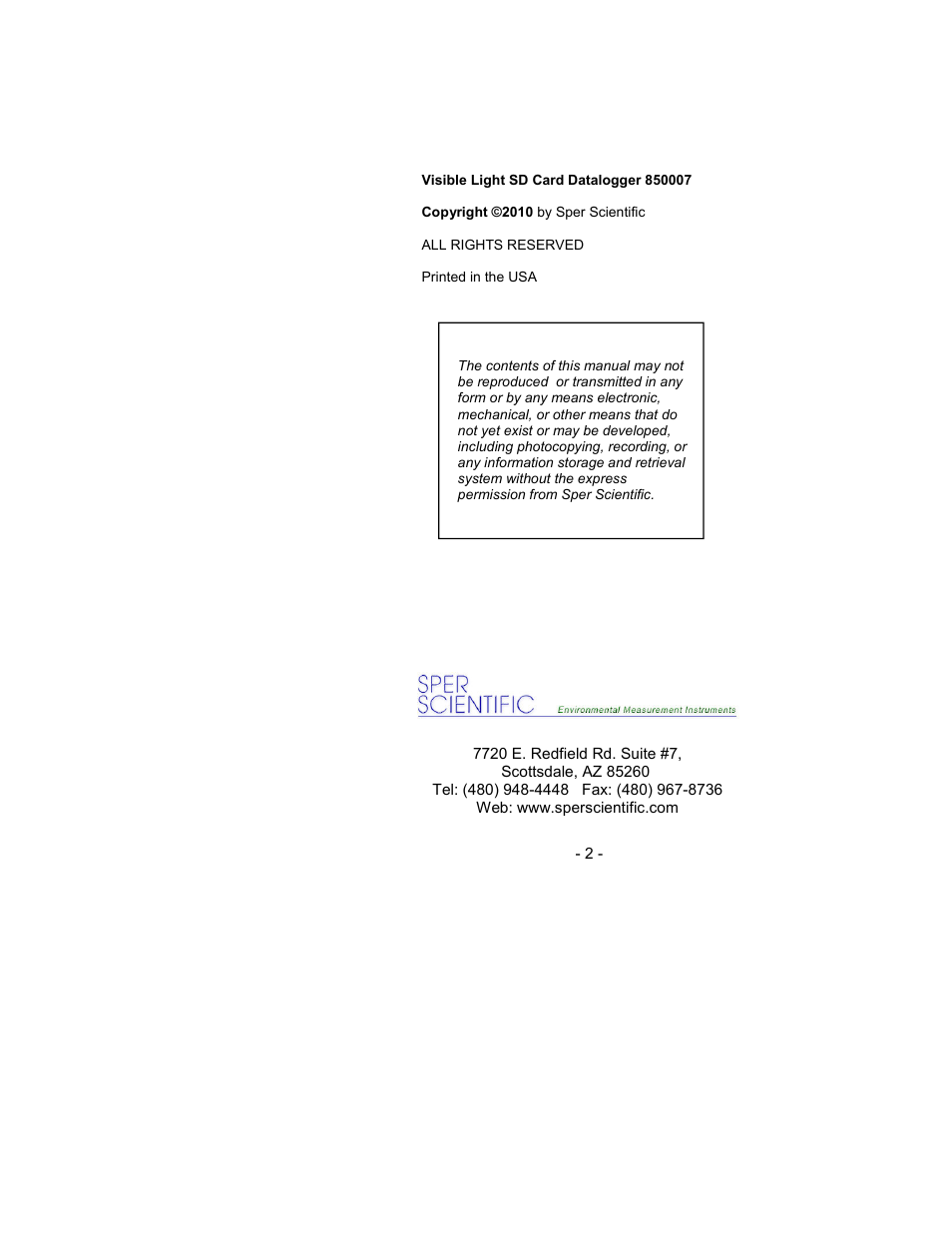Sper Scientific 850007 Visible Light SD Card Logger User Manual | Page 2 / 44