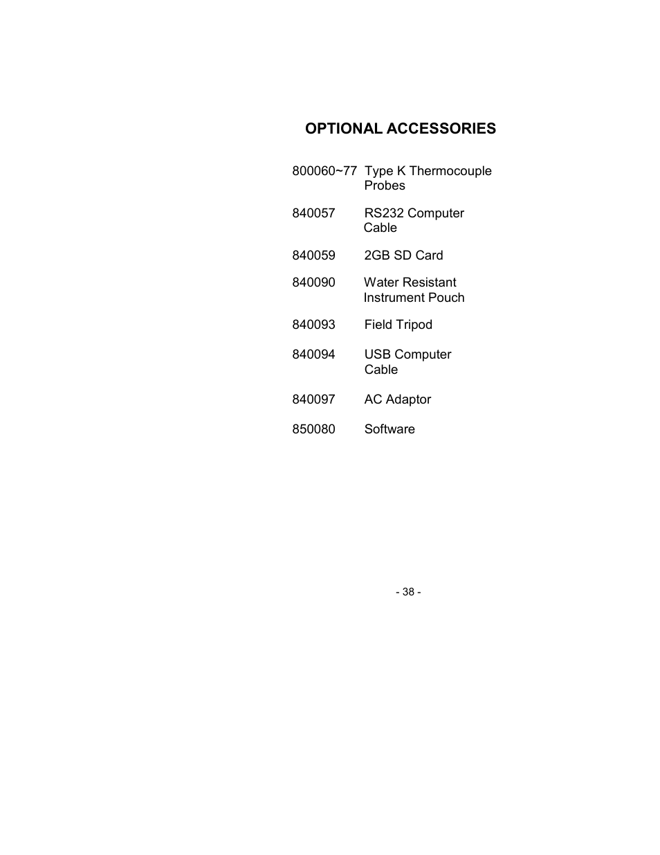 Optional accessories | Sper Scientific 850007 Visible Light SD Card Logger User Manual | Page 38 / 44