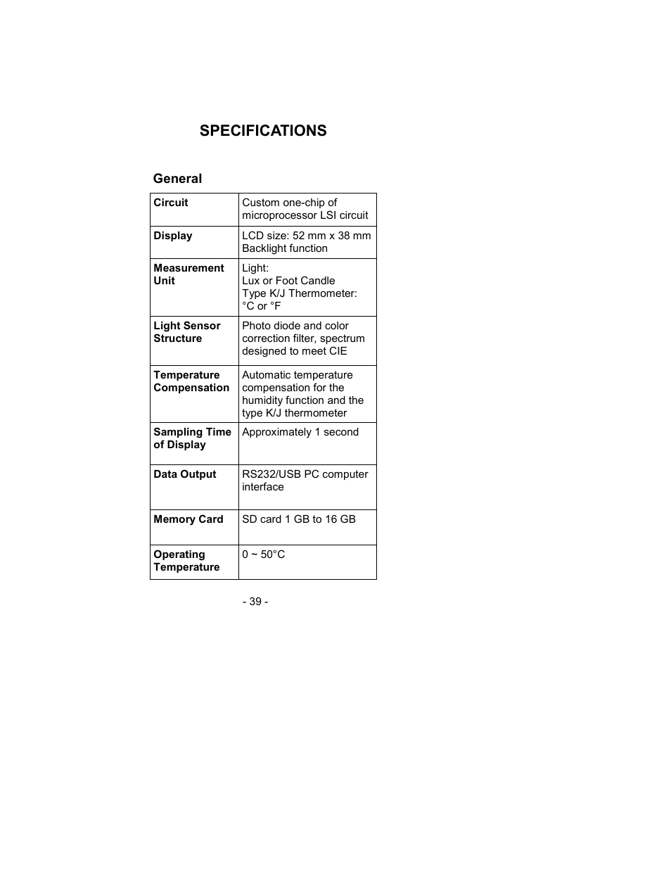 Specifications | Sper Scientific 850007 Visible Light SD Card Logger User Manual | Page 39 / 44