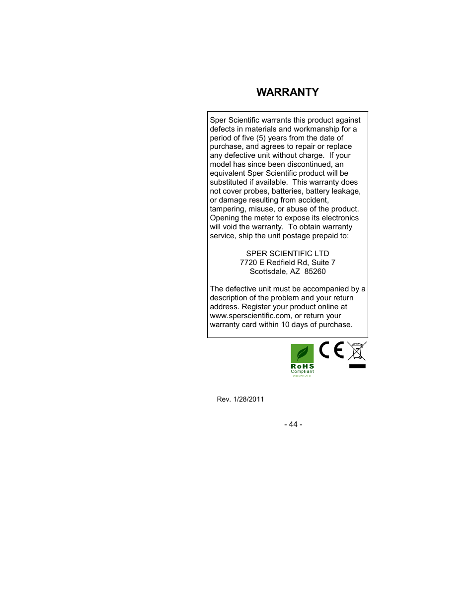 Warranty | Sper Scientific 850007 Visible Light SD Card Logger User Manual | Page 44 / 44