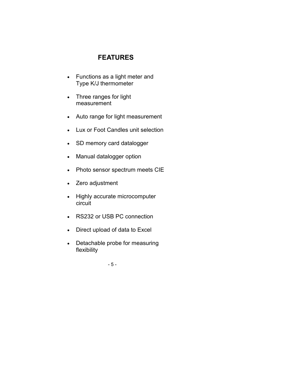 Features | Sper Scientific 850007 Visible Light SD Card Logger User Manual | Page 5 / 44