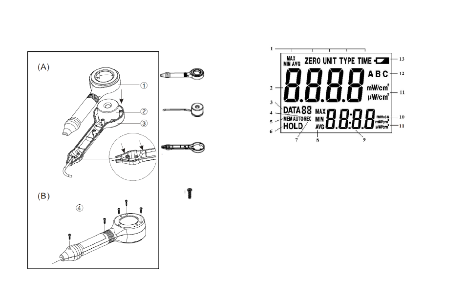 Lcd display, Uva/b sensor | Sper Scientific 850009 Ultra Violet Light Meter UVA/B User Manual | Page 7 / 12