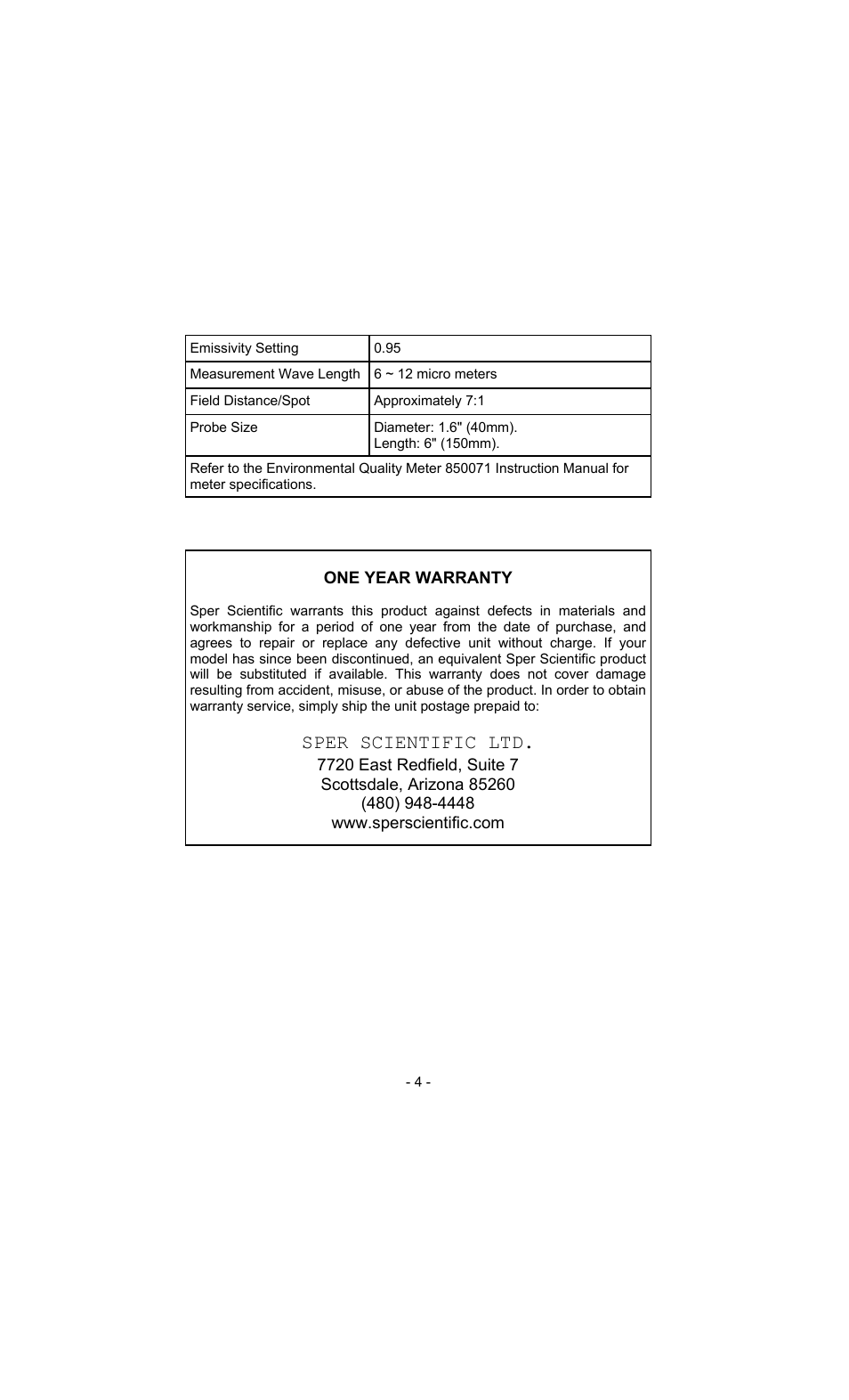 Sper scientific ltd | Sper Scientific 850076 Infrared IR Temperature Probe User Manual | Page 4 / 4
