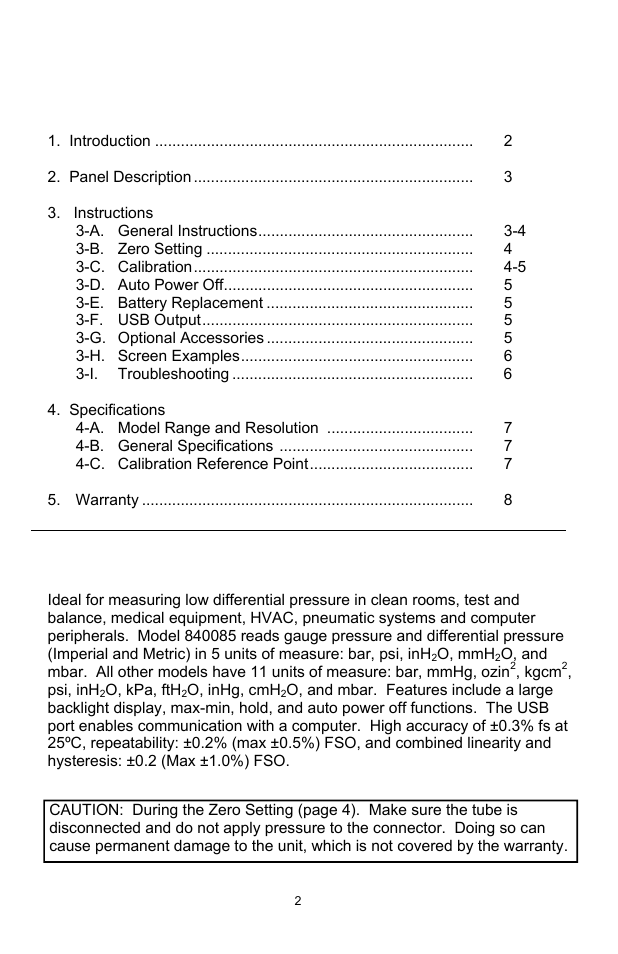 Sper Scientific 840085 Manometer - 2 PSI User Manual | Page 2 / 8