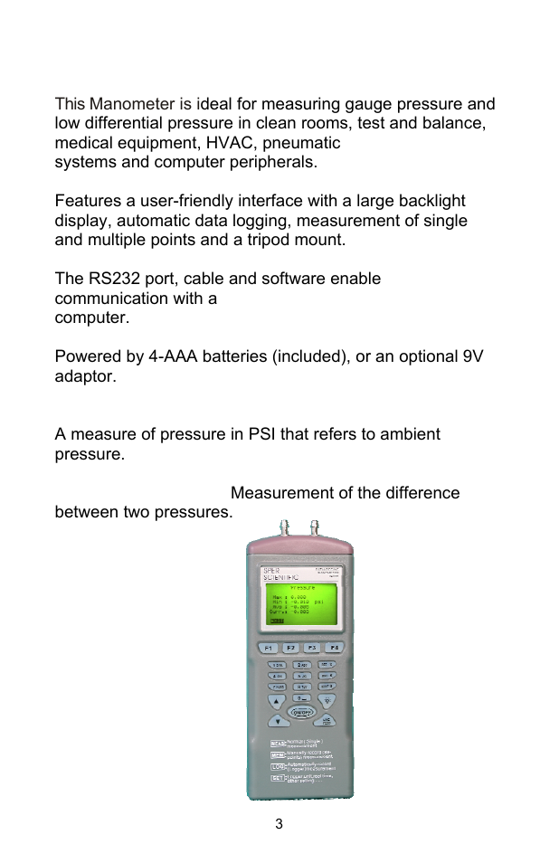 Introduction | Sper Scientific 840099 Datalogging Manometer User Manual | Page 3 / 20