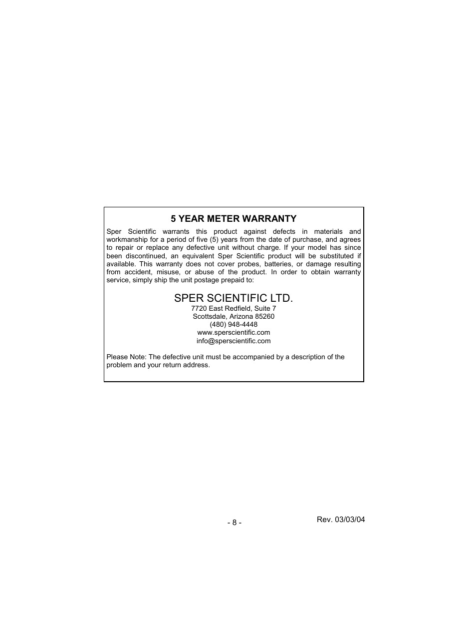 Sper scientific ltd, 5 year meter warranty | Sper Scientific 840087 pH Meter - Basic User Manual | Page 8 / 8