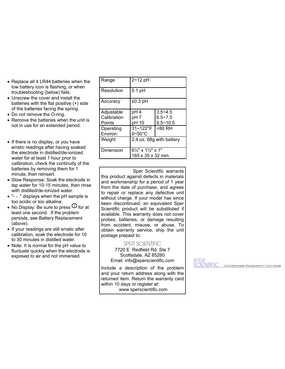 Sper scientific | Sper Scientific 850050 Large Display pH Pen User Manual | Page 2 / 2