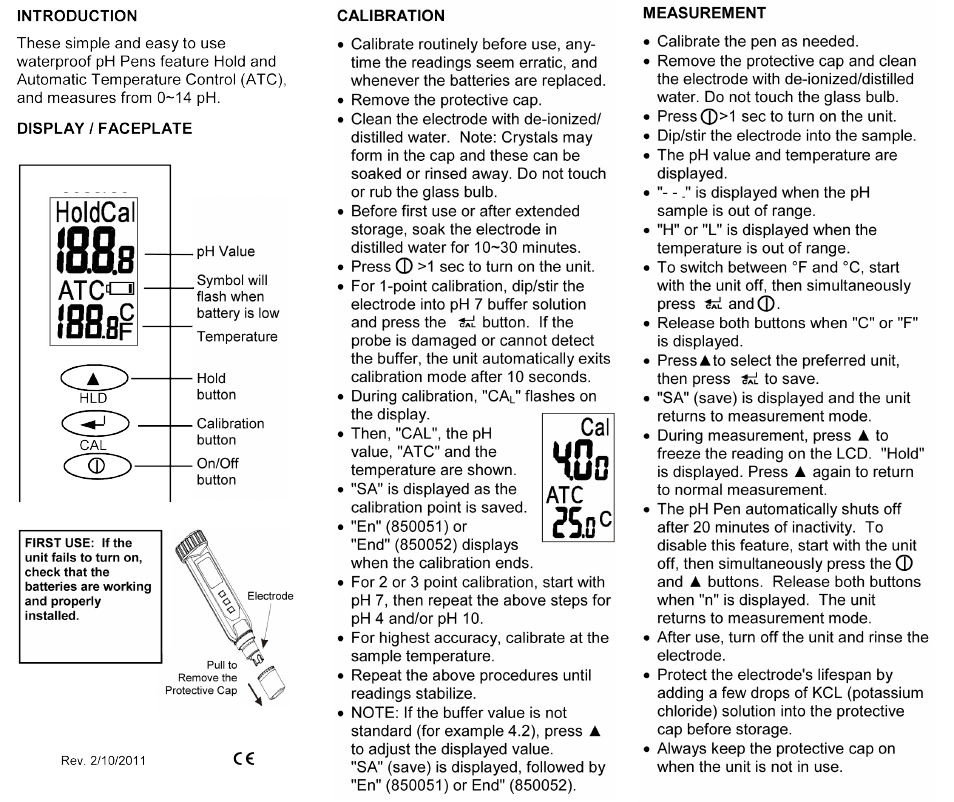 Sper Scientific 850052 Large Display pH Pen with ATC (Hi Res./Acc.) User Manual | 2 pages