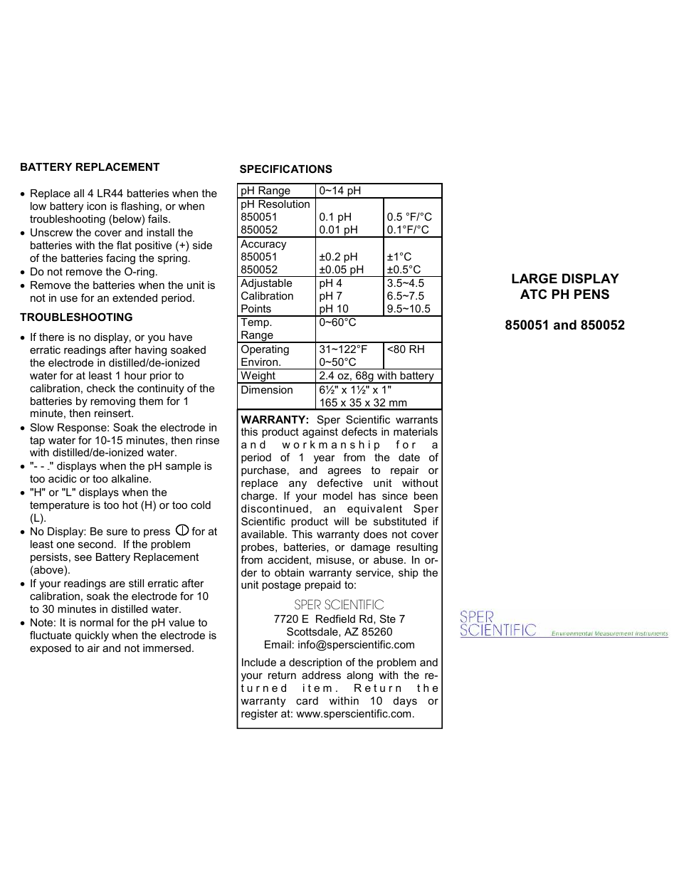 Sper scientific | Sper Scientific 850052 Large Display pH Pen with ATC (Hi Res./Acc.) User Manual | Page 2 / 2