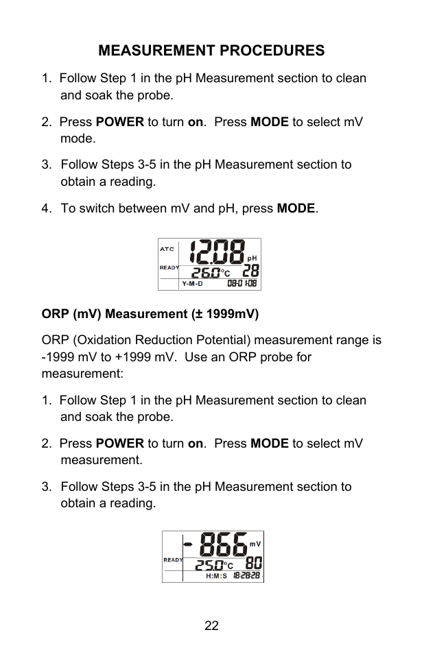 Measurement procedures | Sper Scientific 850055 pH Meter - Advanced User Manual | Page 22 / 40
