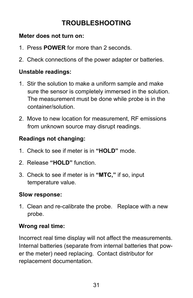 Troubleshooting | Sper Scientific 850055 pH Meter - Advanced User Manual | Page 31 / 40
