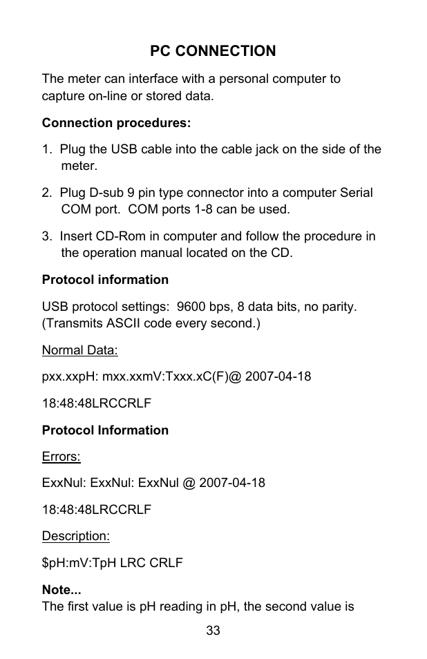 Pc connection | Sper Scientific 850055 pH Meter - Advanced User Manual | Page 33 / 40