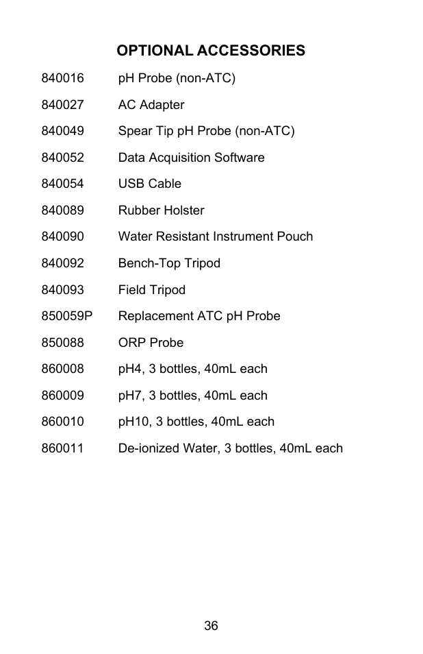 Optional accessories | Sper Scientific 850055 pH Meter - Advanced User Manual | Page 36 / 40