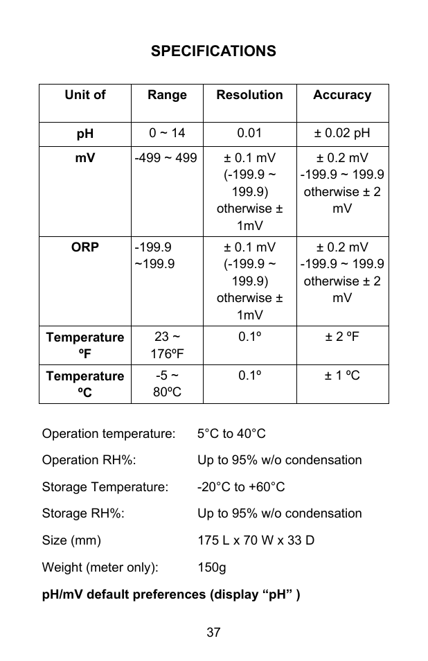 Specifications | Sper Scientific 850055 pH Meter - Advanced User Manual | Page 37 / 40