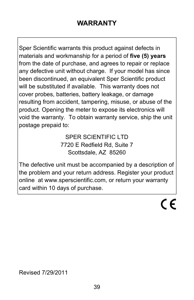 Warranty | Sper Scientific 850055 pH Meter - Advanced User Manual | Page 39 / 40