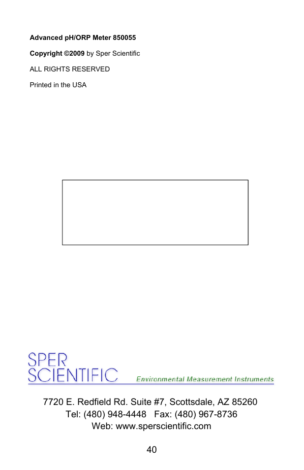 Sper Scientific 850055 pH Meter - Advanced User Manual | Page 40 / 40