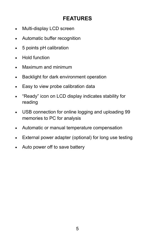 Features | Sper Scientific 850055 pH Meter - Advanced User Manual | Page 5 / 40