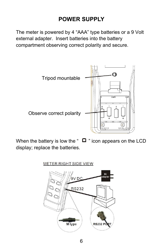 Power supply | Sper Scientific 850055 pH Meter - Advanced User Manual | Page 6 / 40