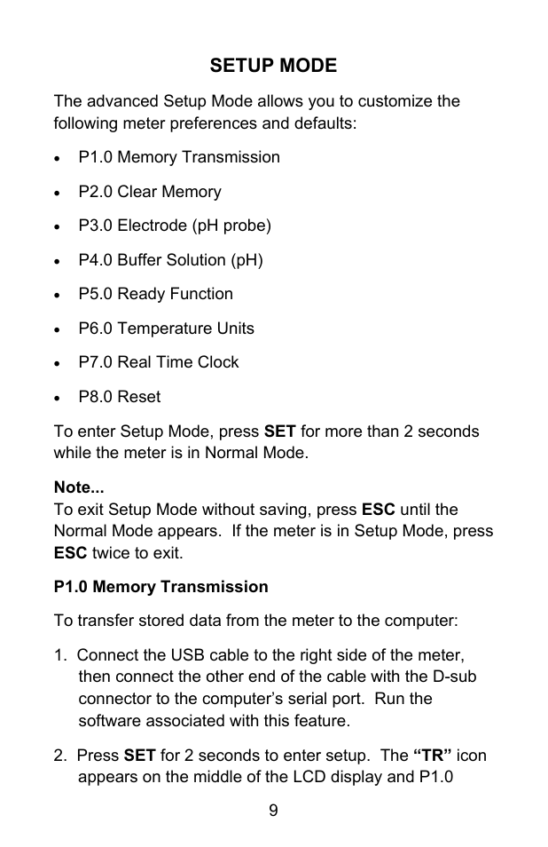 Setup mode | Sper Scientific 850055 pH Meter - Advanced User Manual | Page 9 / 40