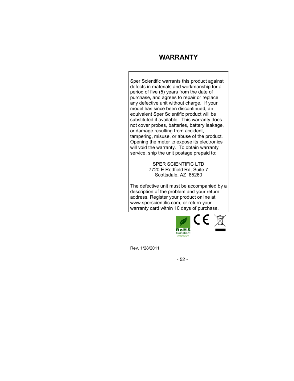 Warranty | Sper Scientific 850061 pH SD Card Datalogger Kit User Manual | Page 52 / 52