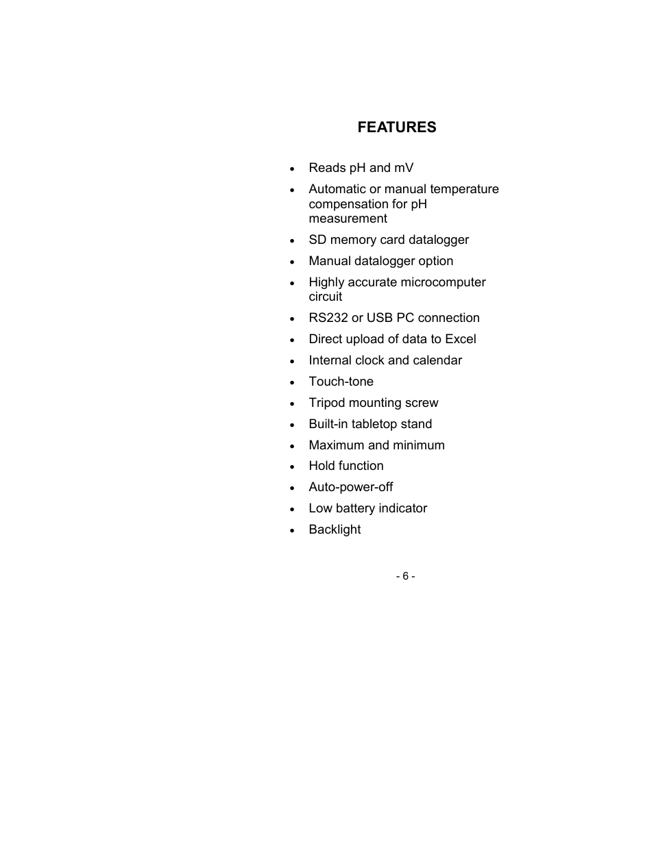 Features | Sper Scientific 850061 pH SD Card Datalogger Kit User Manual | Page 6 / 52